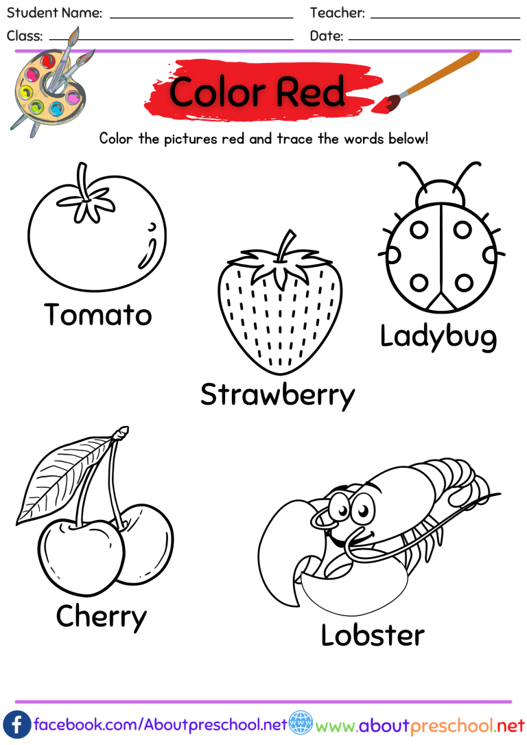 The Color Red worksheet for early childhood vocabulary development Pre-K student working on a color book activity featuring red objects