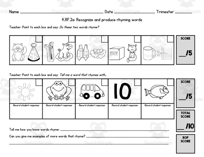 Rhyming Skills Assessment Activity for Preschool Learners A Pre-K student completing a rhyming knowledge assessment worksheet with picture pairs and word matching exercises