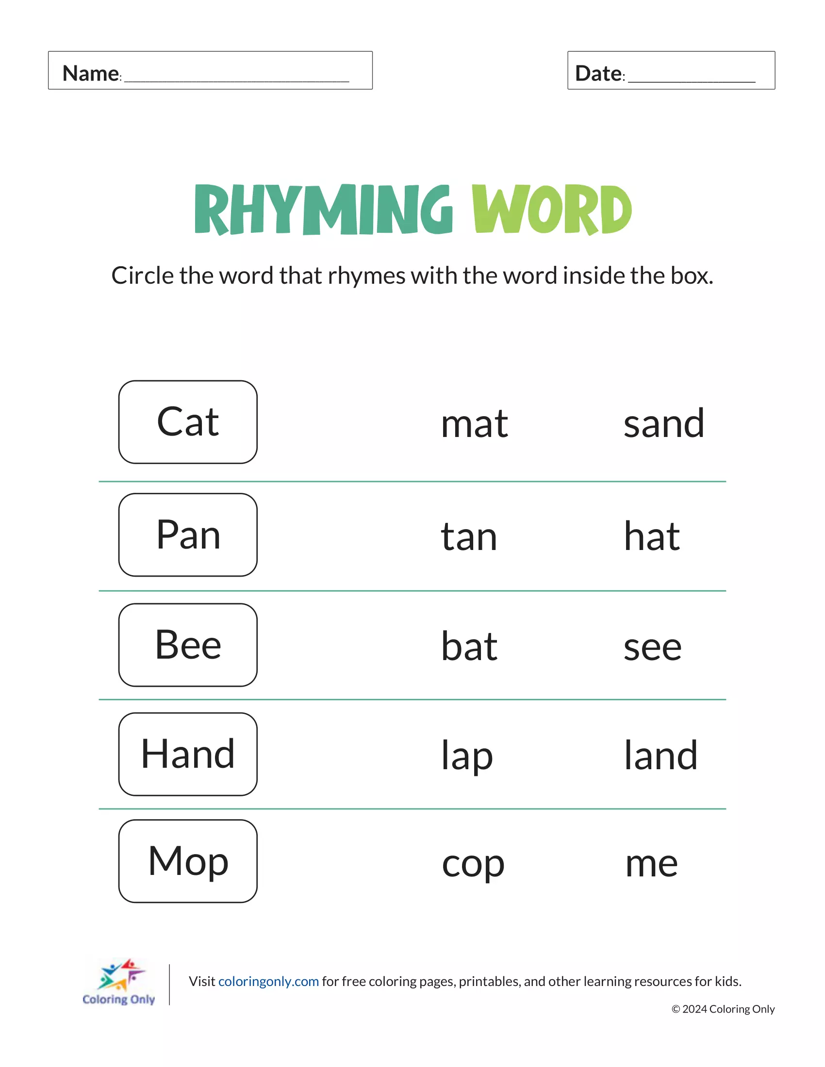 Rhyming Words Assessment Activity for Kindergarten Learners Image 9 Pre-K student completing a rhyming knowledge assessment worksheet with picture matching and word pairing activities