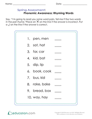 Rhyming Assessment Activity for Kindergarten Learners Image 14 Pre-K student completing a rhyming knowledge assessment worksheet with picture matching exercises