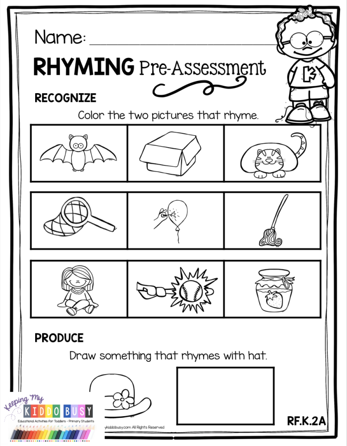Rhyming Knowledge Assessment Worksheet 3 for Early Learners Pre-K student completing a rhyming knowledge assessment worksheet to identify matching word sounds