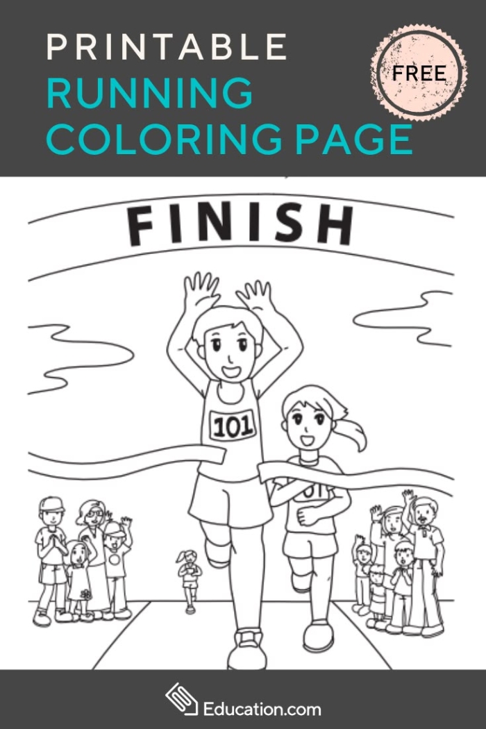 Preschool coloring worksheet featuring a child racing toward a finish line for physical science class