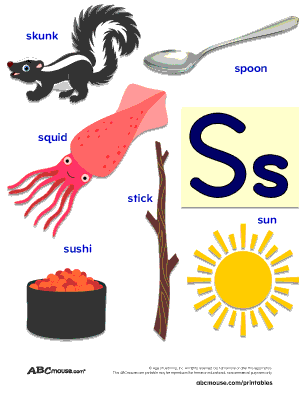 Pre-K phonics worksheet featuring various objects that begin with the letter S