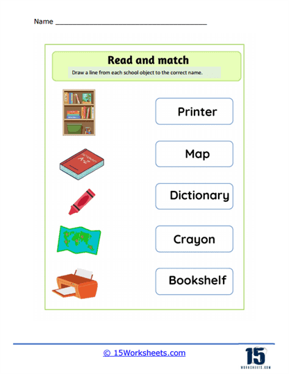 Pre-K worksheet with a school classroom scene where students identify and circle geometry-based school objects