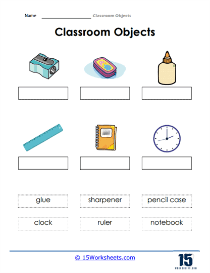 A colorful worksheet featuring a school scene for children to find and circle objects