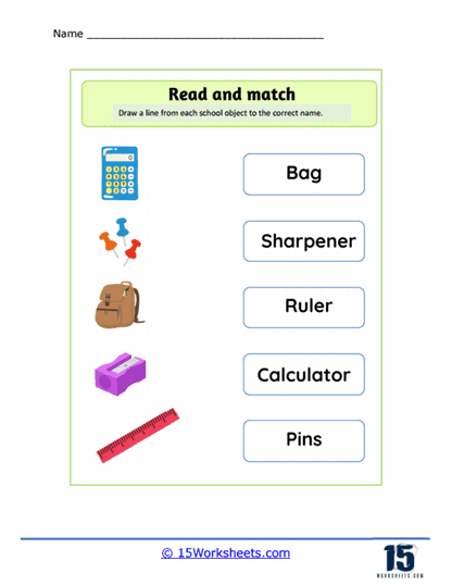 A colorful worksheet featuring a school scene for children to find and circle various school objects
