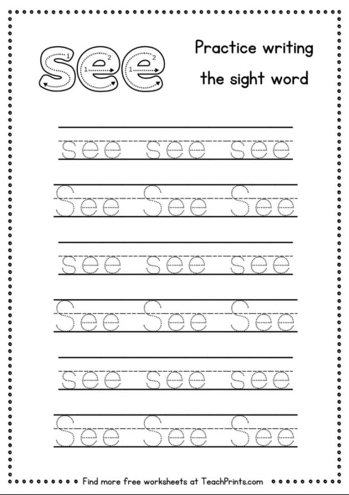 Preschooler coloring page featuring the word see designed as a friendly creature for vocabulary practice