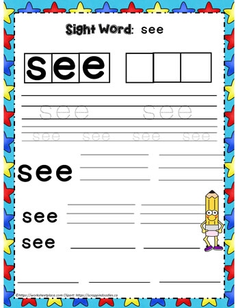 A colorful worksheet for preschoolers to create a creature using the sight word "see