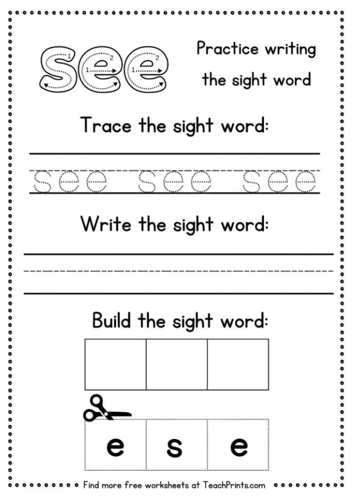 Pre-K student worksheet featuring the word see with space to draw a creative creature around the letters