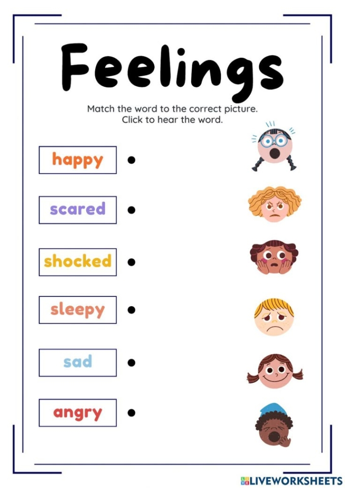 A cute five senses and feelings worksheet for pre-k students featuring nine engaging picture-based questions