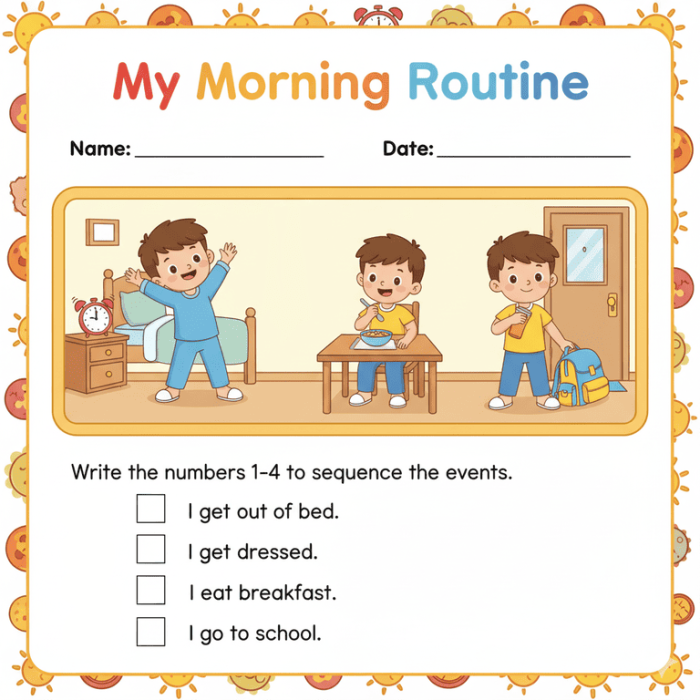 Daily routine cut-and-paste activity for Pre-K learners Children engaging with the Sequencing Your Day worksheet for story sequencing practice