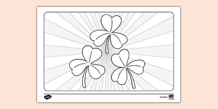A child's shamrock coloring worksheet with a large three-leaf clover design ready for St. Patrick's Day coloring fun