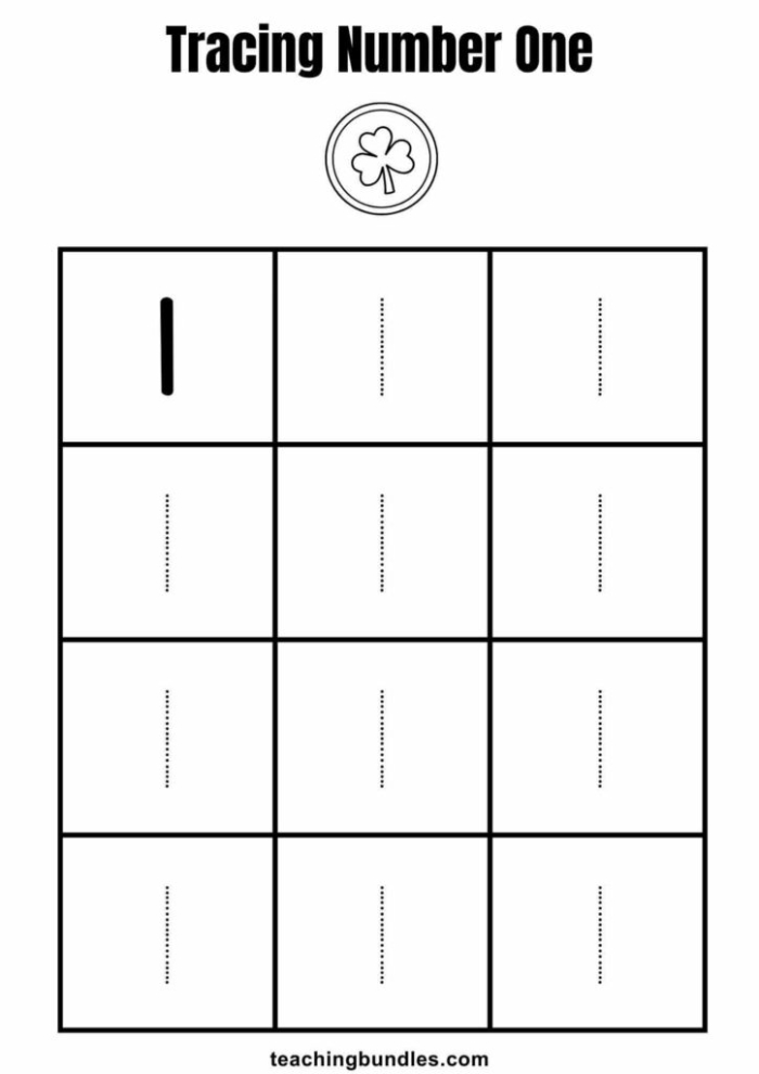 St. Patrick's Day Number Tracing Activity for Preschoolers Learning Numbers 1-2 Pre-K student tracing St. Patrick's Day themed numbers 1 and 2 with shamrock and leprechat decorations for number recognition practice