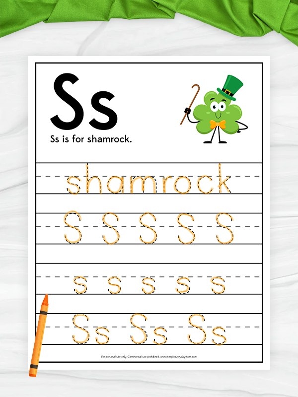Shamrock tracing and coloring worksheet for Pre-K children celebrating St. Patrick's Day