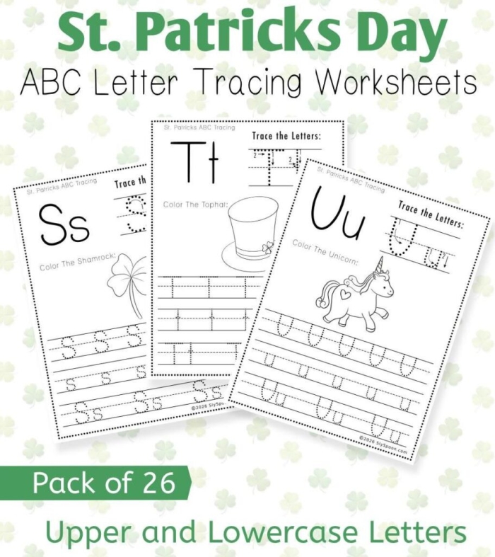 Pre-K worksheet with a Trace and Color Shamrock activity for St. Patricks Day practice