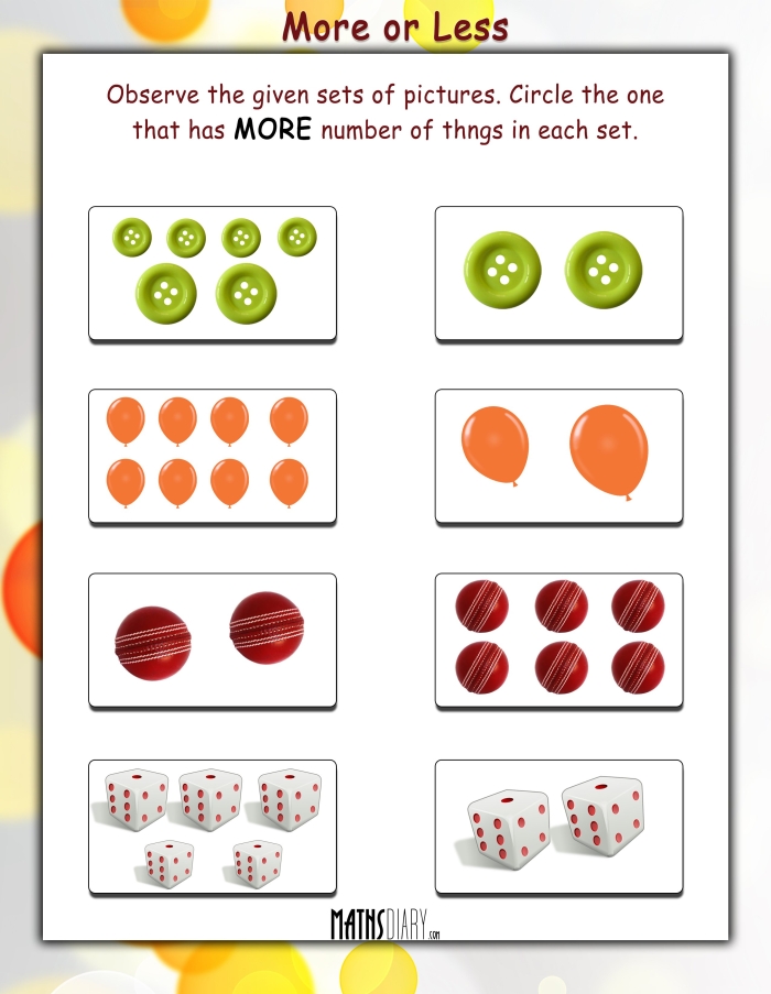 Colorful More or Less Shapes worksheet for preschoolers focusing on counting and shape recognition