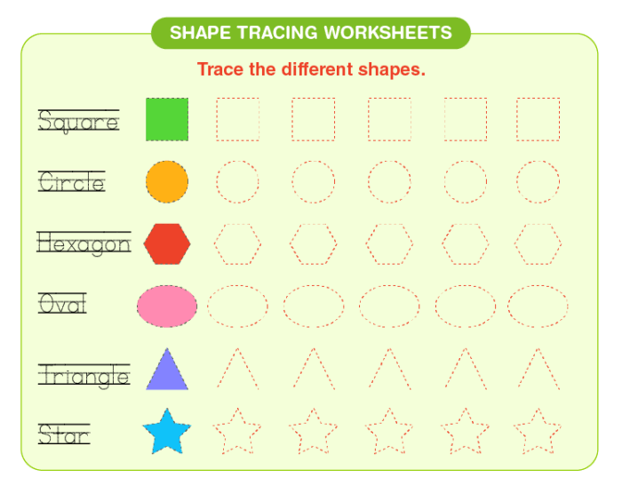 Tracing Basic Shapes worksheet for children to practice circles, squares, triangles, and rectangles