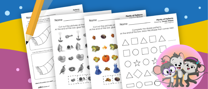 Colorful geometry worksheet for Pre-K students featuring shape patterns to complete