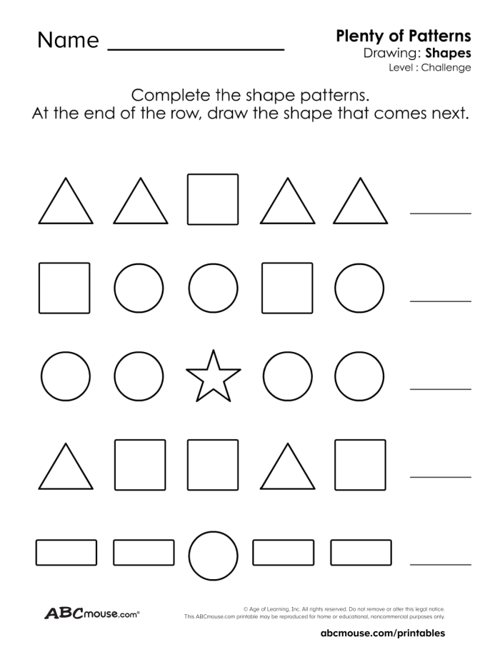 Pre-K student completing geometric shape sequences on a colorful worksheet