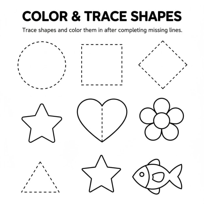 Children's hands tracing and coloring various shapes on a fun worksheet