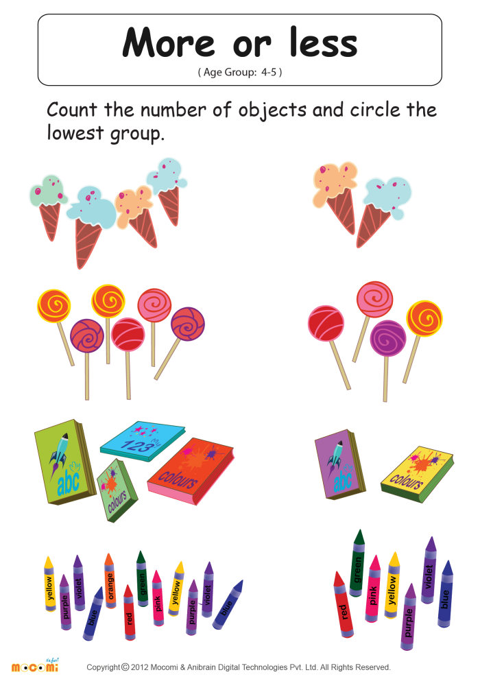 Colorful More or Less Shapes worksheet for preschoolers focusing on counting and shape recognition