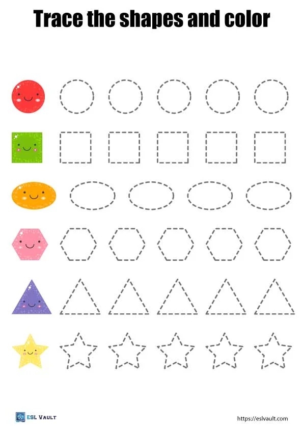 Tracing worksheet featuring basic shapes for preschool students