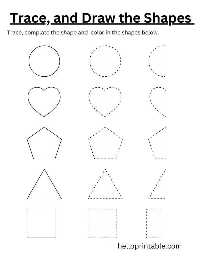 Pre-K student tracing geometric shapes and coloring them on a printable activity page
