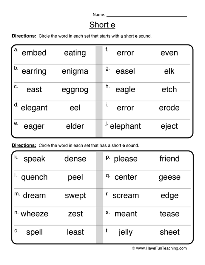 Pre-K Phonics Worksheet 22: Finding Short E Sound Words Short e sound words activity for pre-K phonics learners to identify and circle