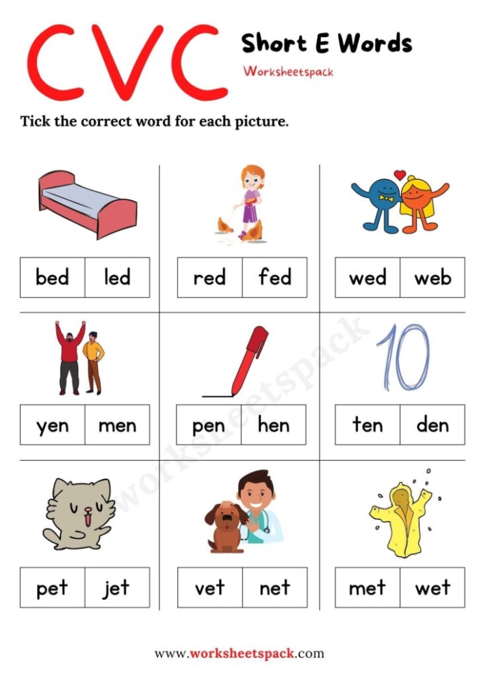 Short E Words Sound Recognition Exercise for Early Readers Children identifying short e sound words in a phonics worksheet activity for pre-K learners