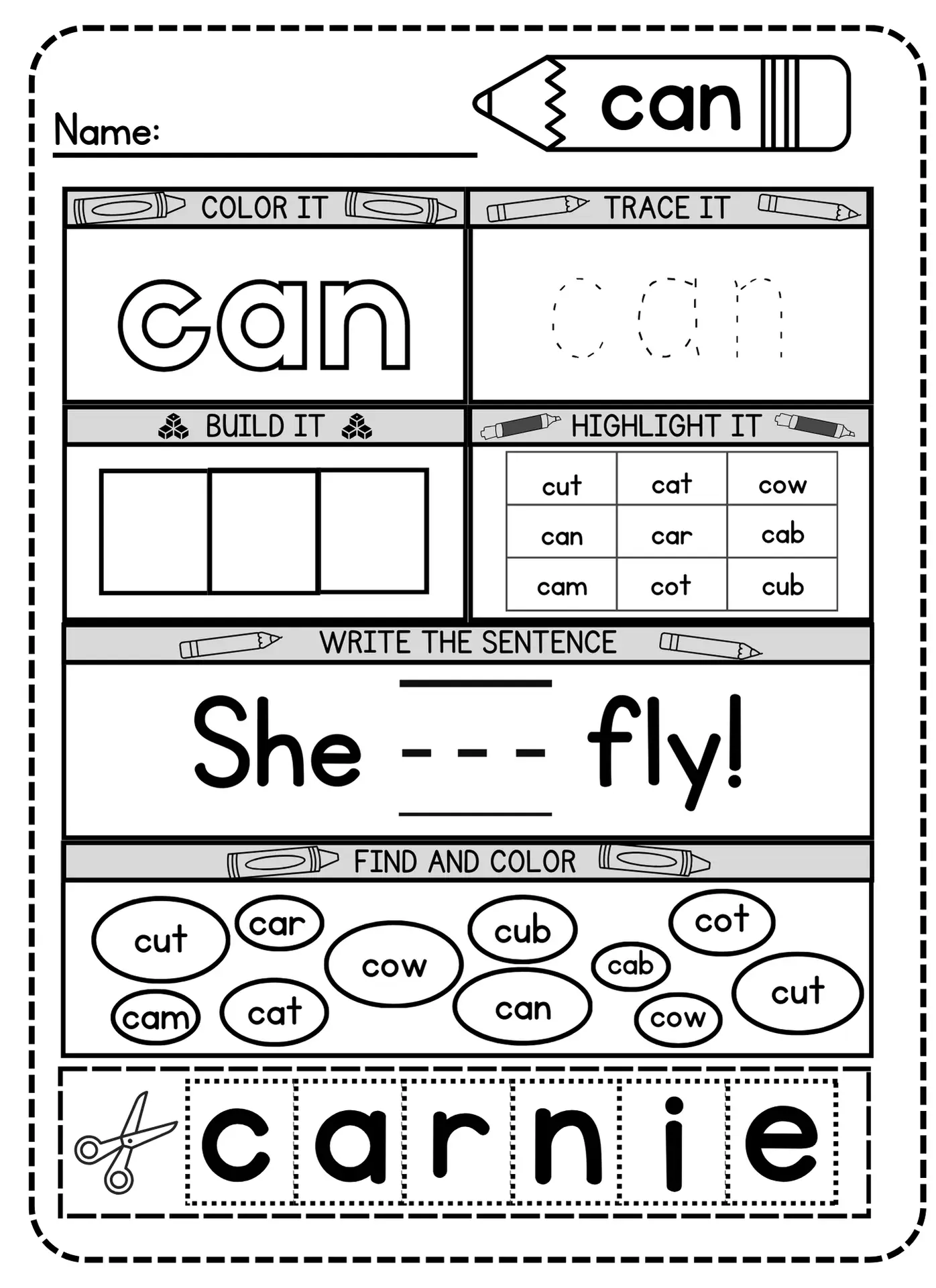 Preschool student decorating the sight word can on a grammar worksheet