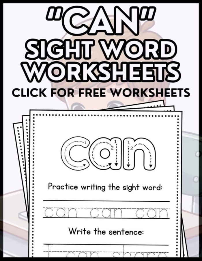 Pre-K student coloring the word Can on a creative sight word practice page