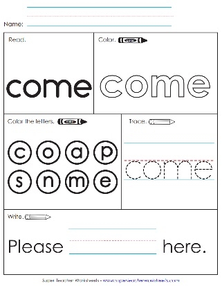 Worksheet featuring fun activities to learn the sight word "Come" for Pre-K students