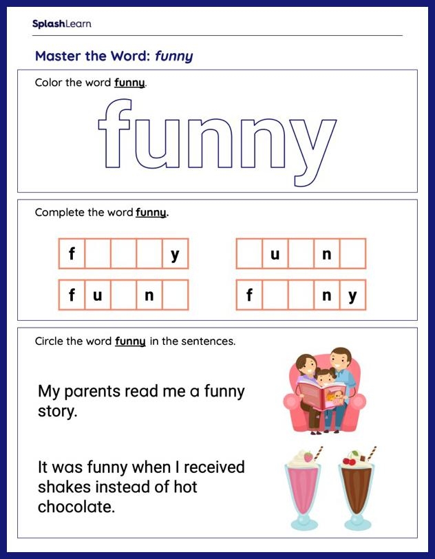 Worksheet featuring a creative activity for the sight word "funny" designed for Pre-K students