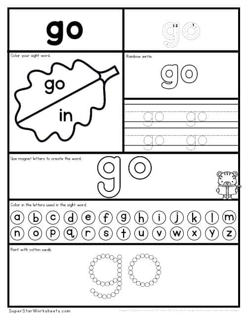 Fun and engaging worksheet for learning the sight word 'Go' with activities for Pre-K students