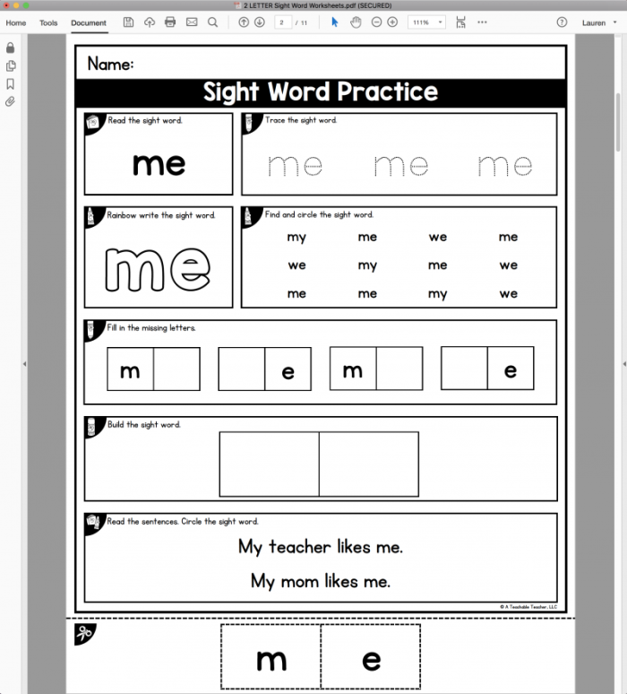 Pre-K phonics worksheet for coloring and decorating the sight word I to help kids practice reading