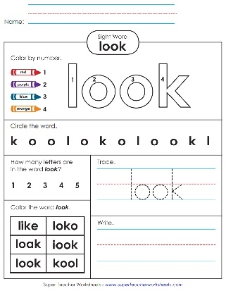 Pre-K student coloring and decorating the word look with animal features on a sight word art worksheet