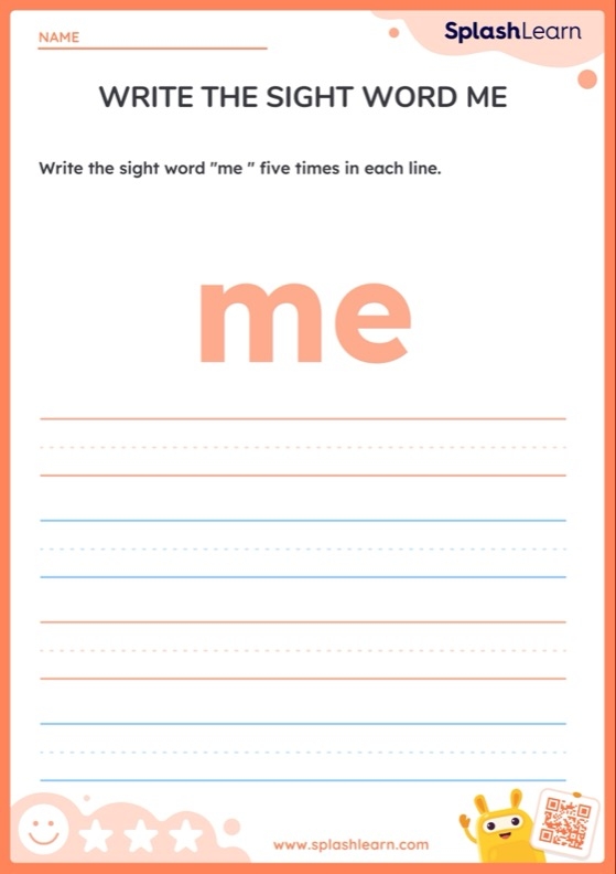 Pre-K worksheet activity featuring the sight word me decorated with a fun decoupage pattern