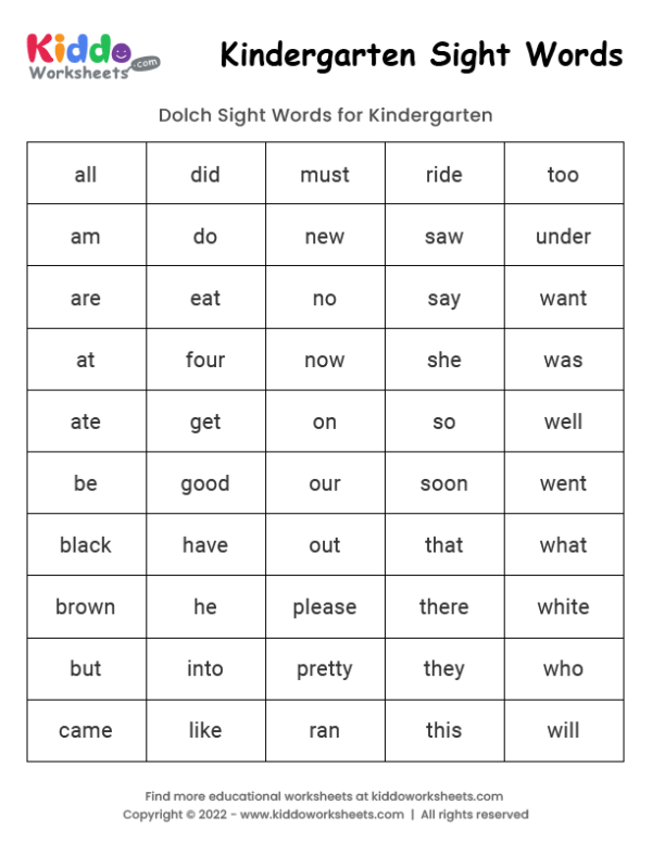 Word search puzzle featuring sight words that start with the letter A for pre-K students learning to read