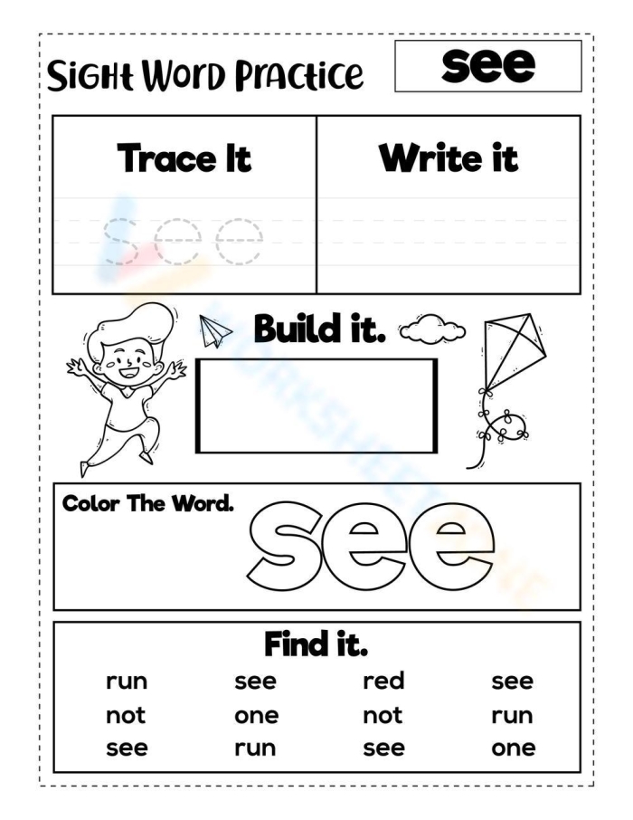 Preschooler coloring worksheet featuring the sight word see transformed into a creative creature