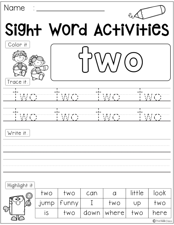 Spruce Up the Sight Word Two educational activity for preschool students number five Pre-K student working on a worksheet to practice writing and identifying the sight word two