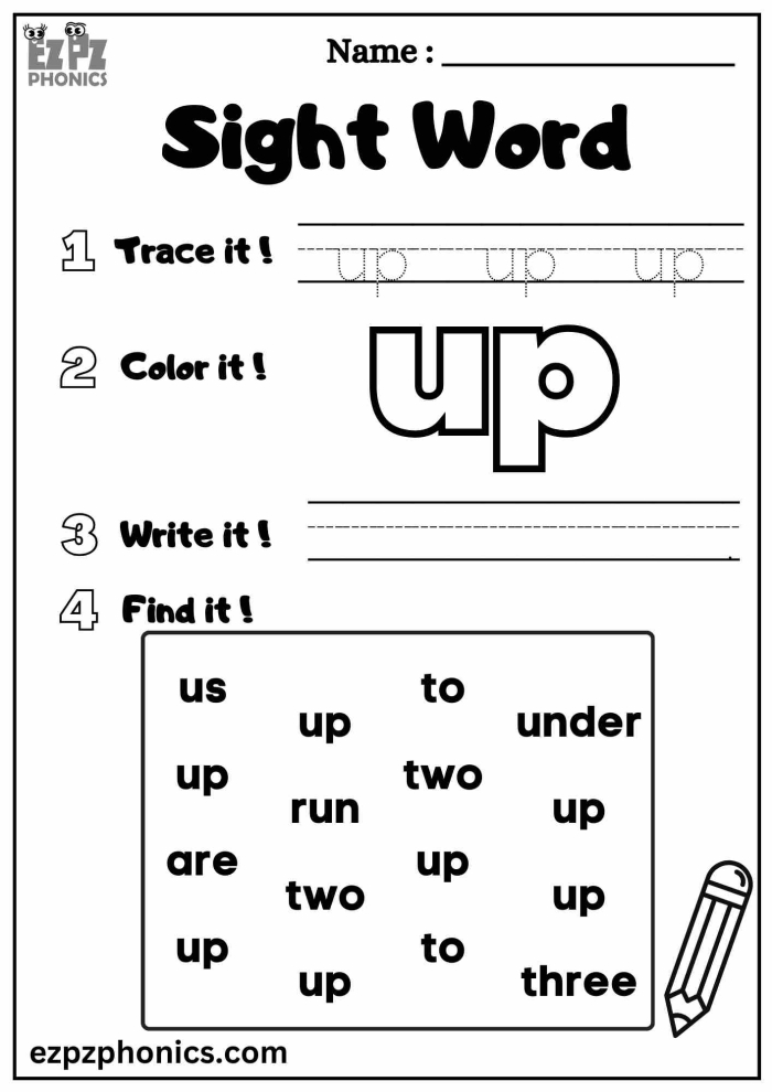 Interactive worksheet for preschoolers focusing on the sight word "Up