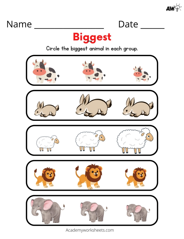 Pre-K phonics worksheet featuring visual size comparison exercises for young learners
