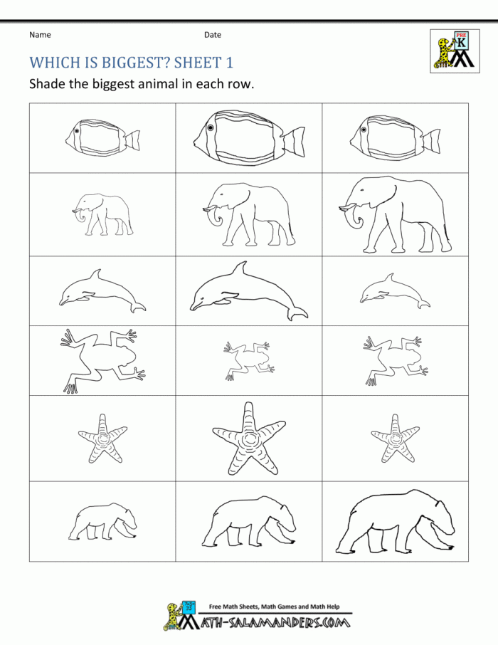 Worksheet for kids comparing sizes to develop math skills