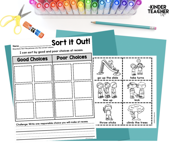Sort It Out worksheet for evaluating sorting skills in young learners Sorting assessment worksheet for Pre-K students featuring shapes and colors