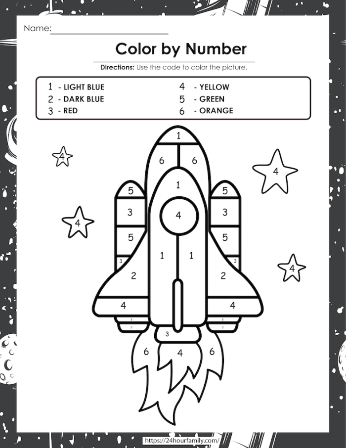 Pre-K color by number worksheet featuring a cute alien and rocket in outer space