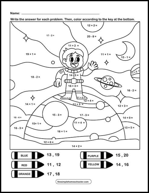 Pre-K color by number worksheet featuring a rocket ship and planets for counting practice