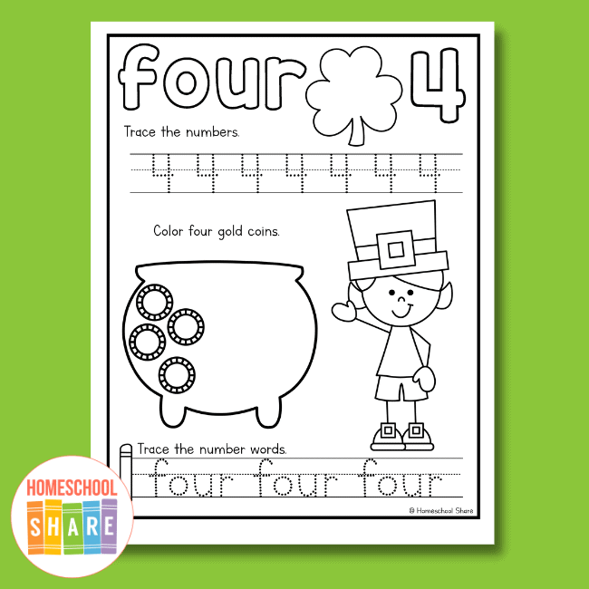 Preschooler practicing number tracing and spelling with a St. Patrick's Day themed worksheet