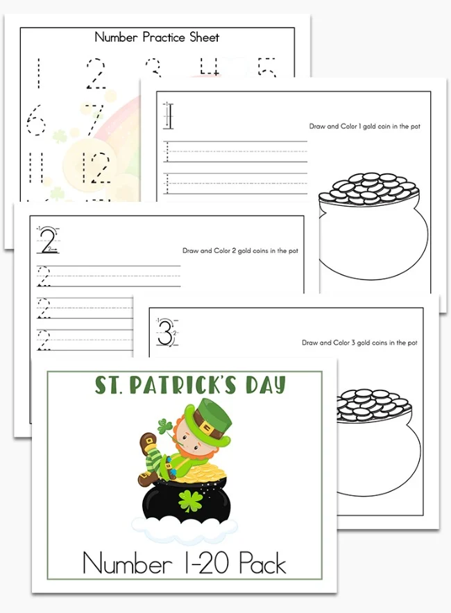 Colorful worksheet for tracing St. Patrick's Day numbers aimed at preschoolers