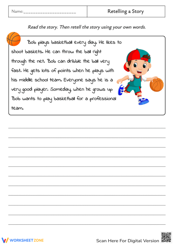 Pre-K worksheet helping students practice retelling a story through drawings and personal narration