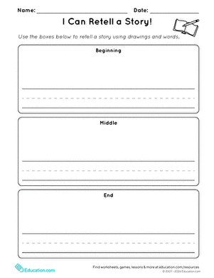 Worksheet for Pre-K students to practice story retelling with images and words